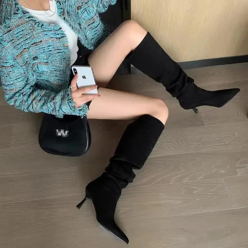 Fashion Pleated Faux Suede Knee-High Boots Women Pointed Toe Slip-On Western Cowboy Boots Woman 2025 Autumn Thin Heels Long Botas Mujer
