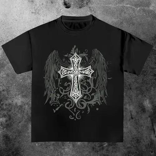 Our Goth Men Cross & Wings Print Y2K Style Unisex Short Sleeve T-Shirt S-5XL