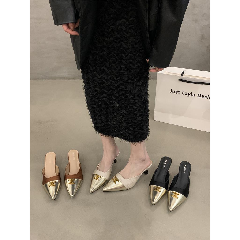 Xiaoxiangfeng bag head and half slippers are worn outside, spring and summer 2025, new thin heels, pointed heads, shallow mouth, high heels, single s