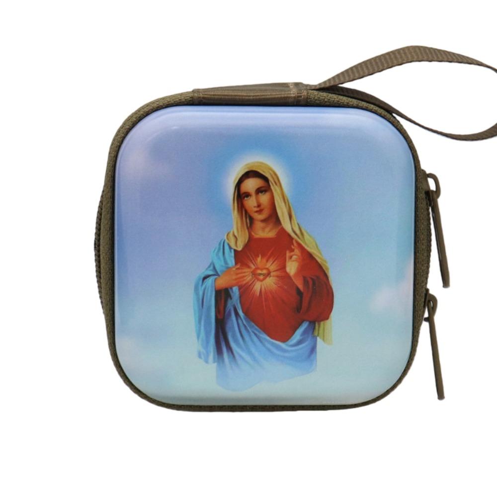 

Virgin Mary Prayer Rosary Storage Bag Iron Artwork 7x7cm Religious Jewelry Box Cartoon Zippered Religious Articles