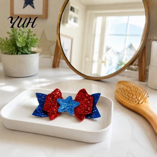 Holiday Photo Props Independence Day Bow Hair Clip for Girls, Red Blue White Glitter Hairpin, Double Layer Cute Styling Clips with Sequins Star,