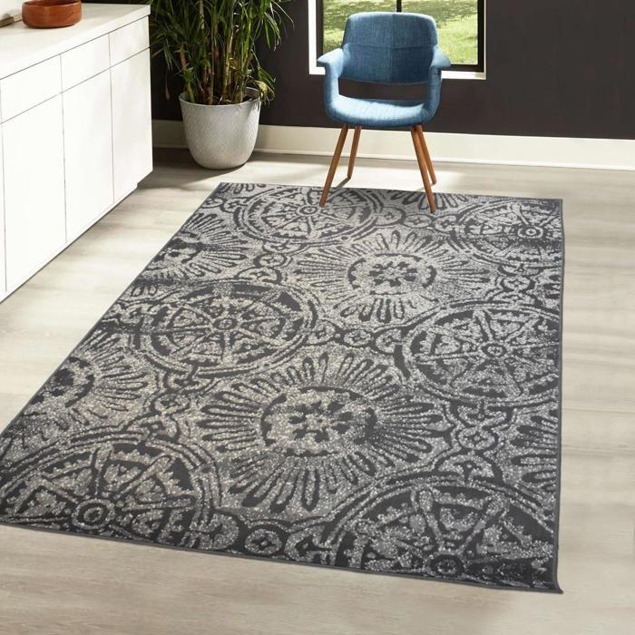 Tapis salon 160x225 cm Rectangulaire TRANBY Gris Salon adapté au chauffage par le sol