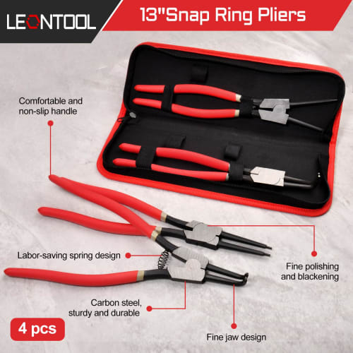 LEONTOOL 4 PCS 13" Heavy Duty Snap Ring Pliers for Internal and External Circlips with Storage Pouch, Straight Bent Jaw Tip Diameter 0.09" for Install