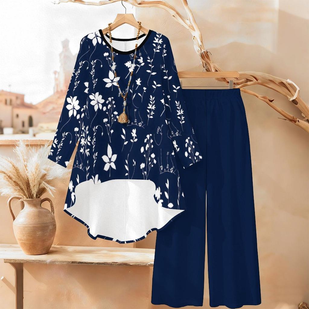 Abstract Design Print Two Piece Outfit Women Long Sleeve Irregular Hem Tunic Top Wide Leg Pants Casual Matching Set