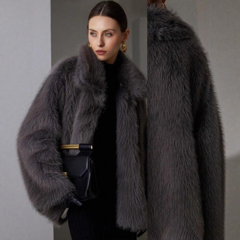 Womens Faux Fur Coat Streetwear Turn Down Collar Winter Outerwear Adults