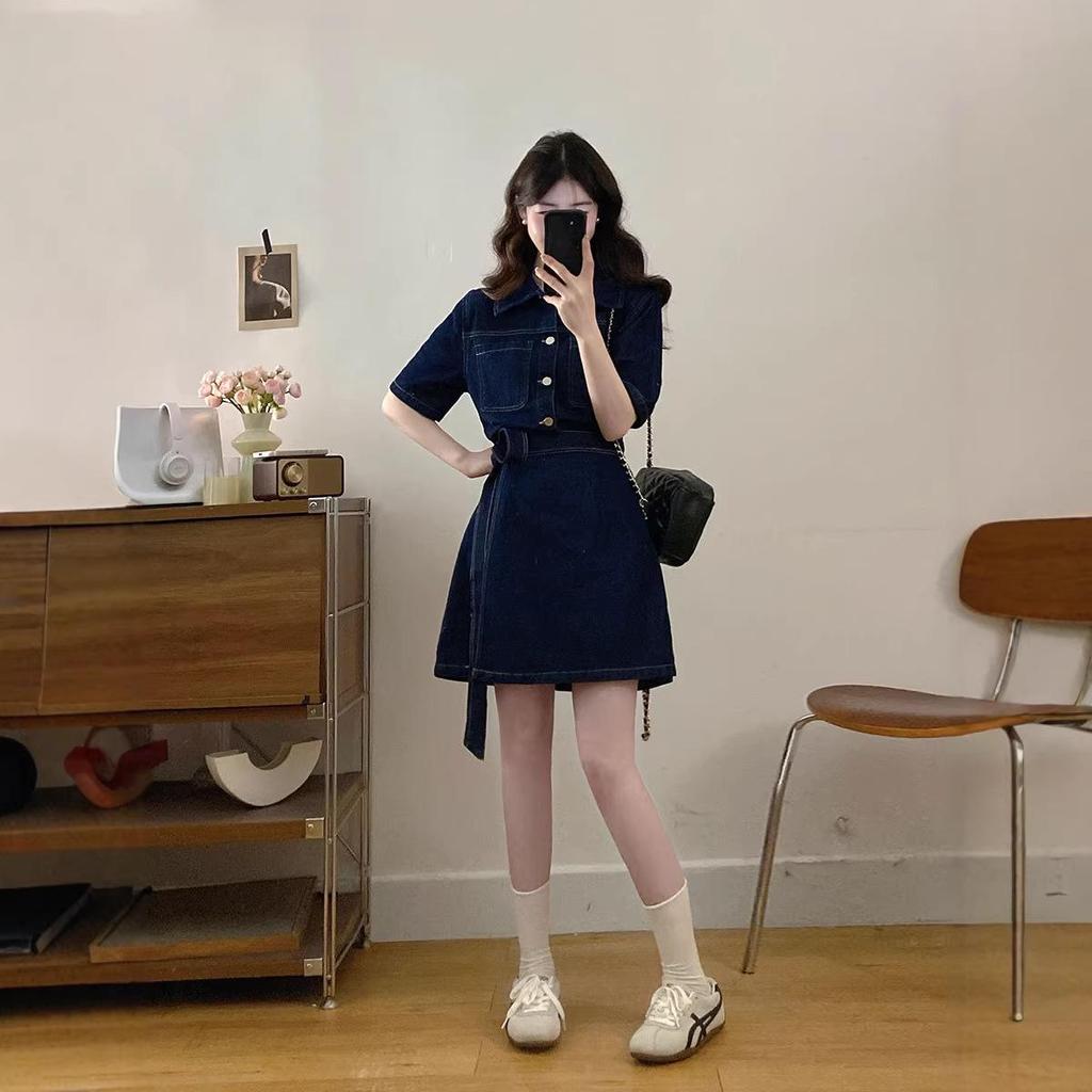 Hong Kong Style Retro Washed Denim Dress: Women's 2026 Summer Casual Waist-Cinched Short Skirt