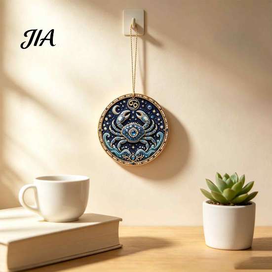 Hanging Home Ornament 2D Flat Pearl Painting Ornament, Double Sided Zodiac Theme Gem Decorative Pendant Art Craft, Rhinestone Beads Pattern