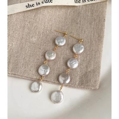 European and American Fashion Natural Baroque Freshwater Button Pearl Stud Earrings Long Tassel Pendant Feeling Thin Earrings Korean