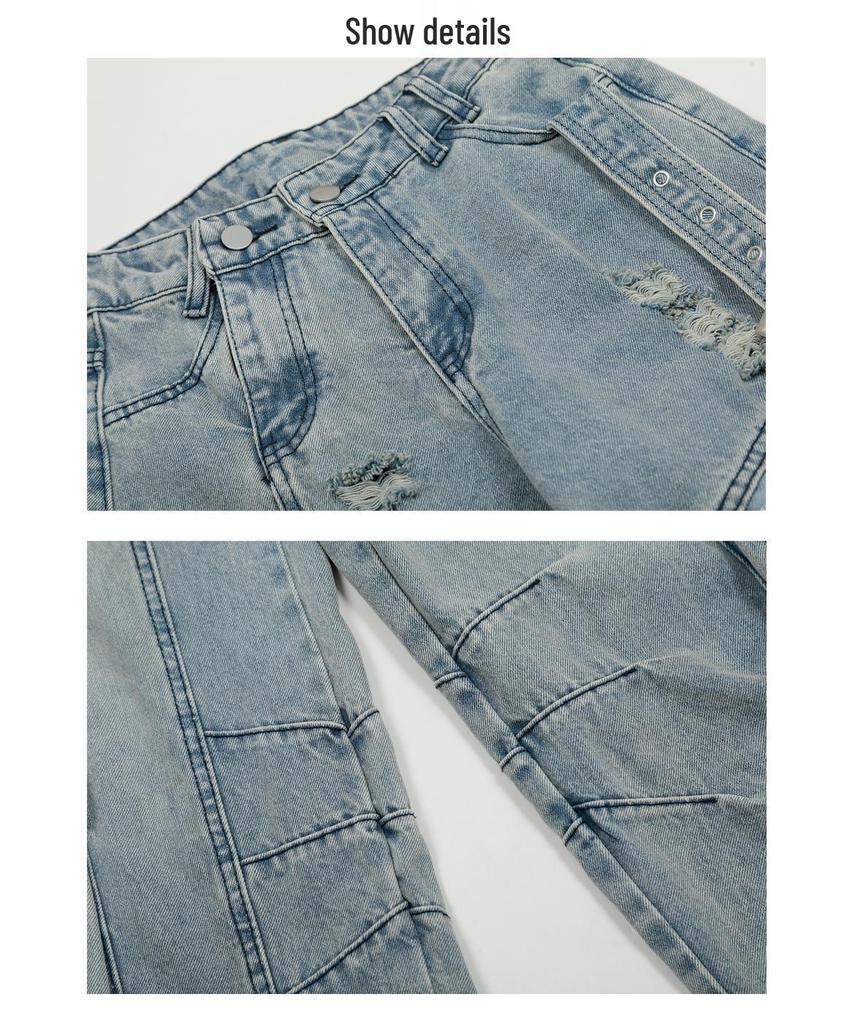 Unisex Multi-Pocket Wide Leg Ripped Denim Jeans - Trendy American High Street Style
