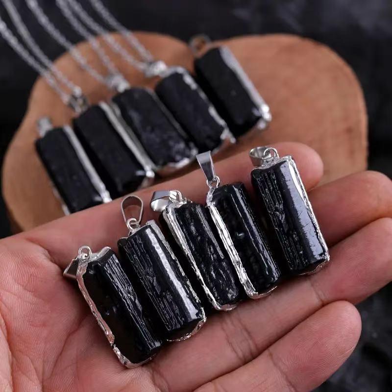 Natural Black Tourmaline Crystal Carved Engraved Love Healing Irregular Energy Stone Pendant Necklace for Fashion Jewelry