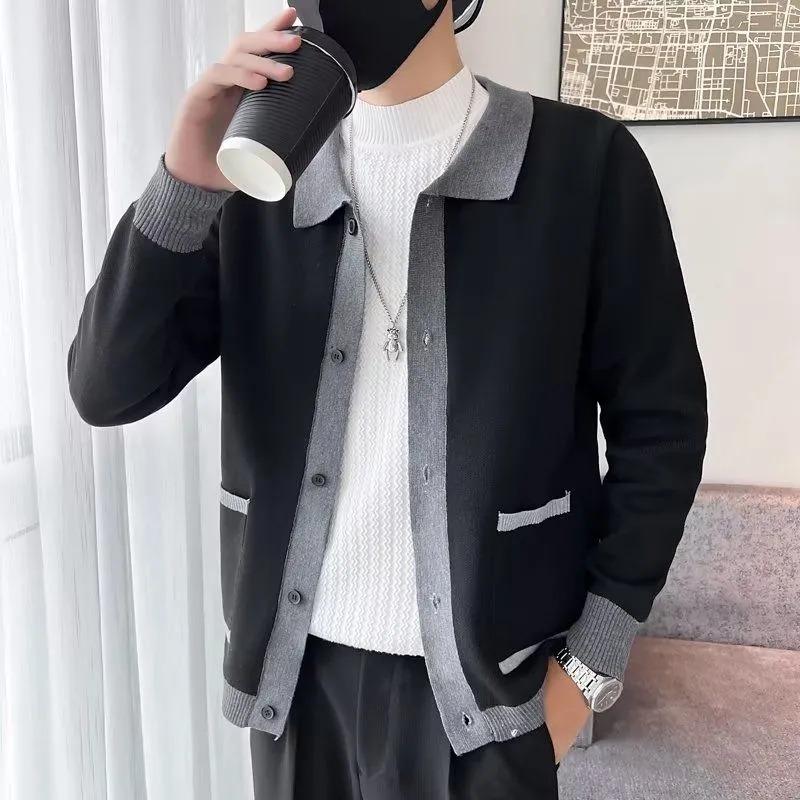 Knitted Sweater Men's Cardigan Jacket Korean Style Casual Autumn and Winter Lapel Contrast Long-sleeved Top