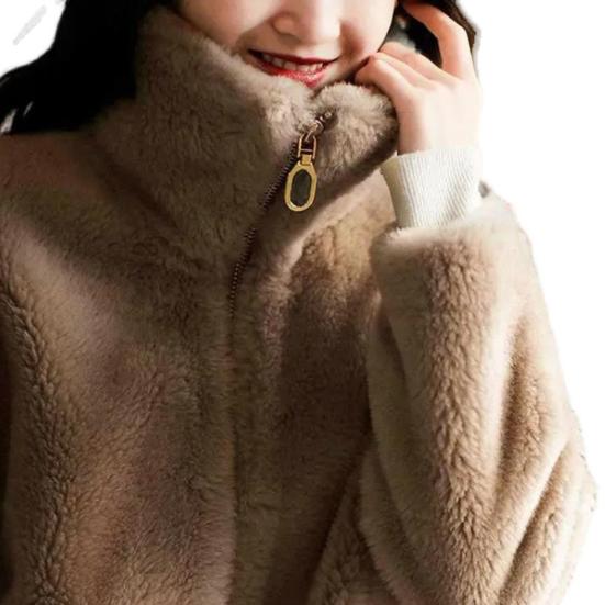 Women's Fuzzy Fleece Jacket Long Sleeve Stand Collar Full Zip Up Sherpa Coat Fall Winter Warm Jacket with Pockets