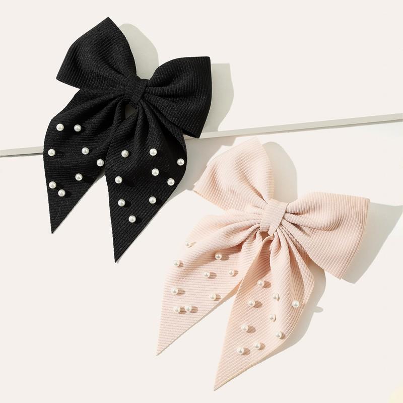 Handmade Fabric Hair Clip With Pearl Bow Ribbon Women Retro Style Back Of Head Accessory