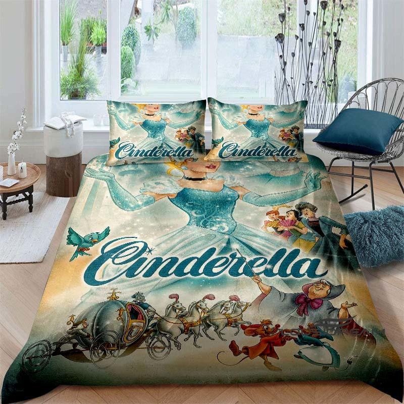 Cartoon-themed Cinderella fairy tale duvet cover and pillowcase bedding set, suitable for boys' and girls' bedrooms, and as a