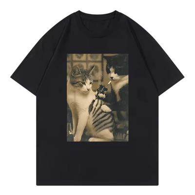 Retro Smoking Cat Design Printed Funny T Shirts Unisex Women Cat T-shirt Round Neck Short Sleeve Trendy Tee Shirt Streetwear Tops