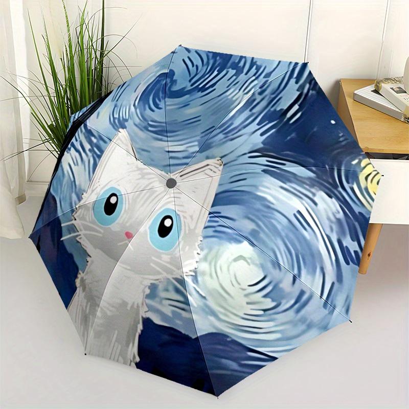 1pc Van Gogh Cat Automatic Open 8-Rib Windproof Umbrella, Travel & Commuting, Suitable for All Seasons