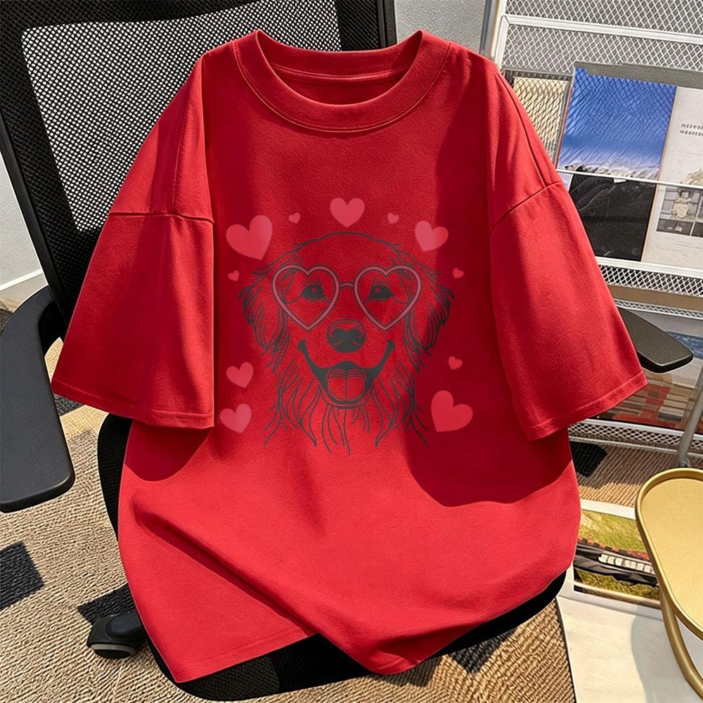 Heart Glasses Golden Retriever Graphic Tee Cute Dog Red Love Heart Unisex Streetwear Shirt Valentines Day Gift Funny Cotton Tee