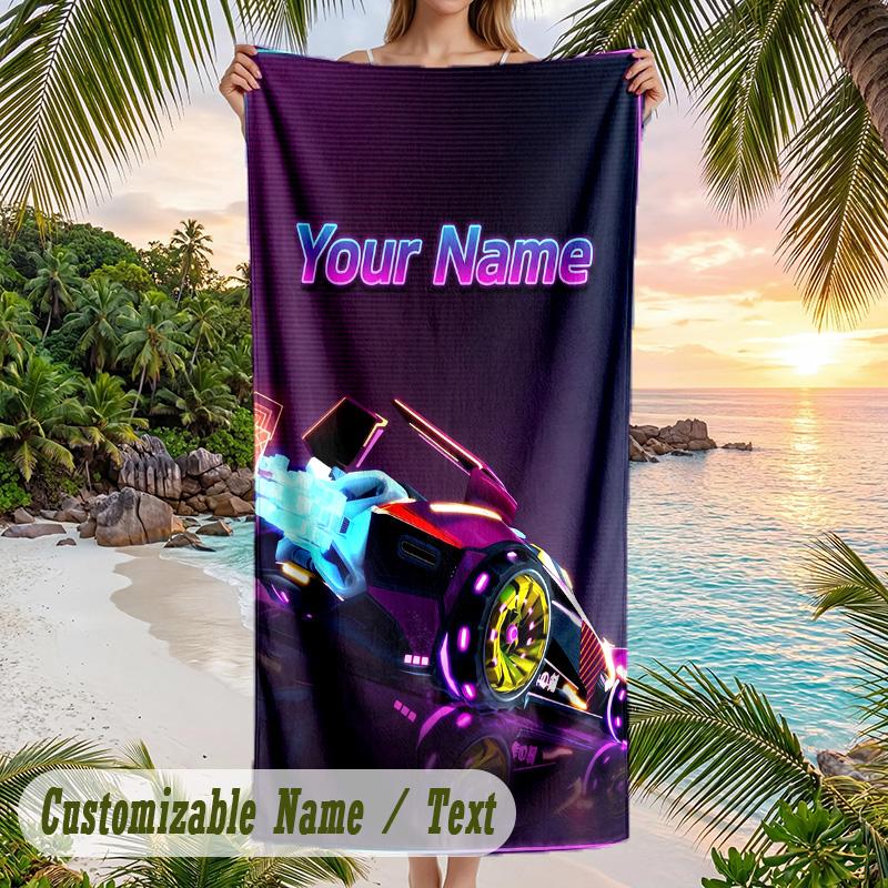 Rocket League Beach Towel, Personalized Custom Text, Quick Dry Soft Large Towel For Swimming Pool Travel