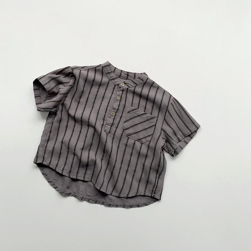 Children's Summer Short Sleeve Shirt Middle Kids Stripe Standing Collar Comfortable Casual Tops