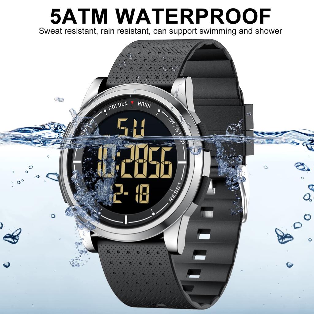 GOLDEN HOUR Minimalist Metal Sports Waterproof Digital Wide Viewing Angle Rubber Unisex Watch Men's Watch, Ultra-Thin Design, Case, Watch, Display,