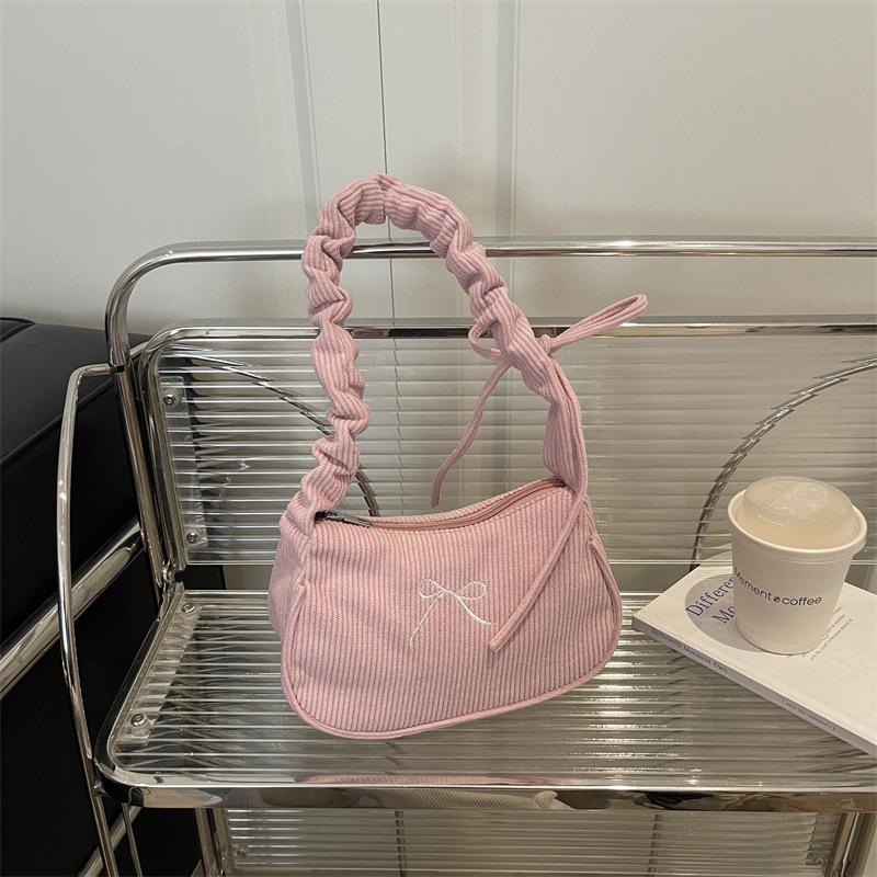 

Bow embroidered underarm bag women s versatile casual shoulder bag fashion lightweight pleated handbag Japanese cloth bag рожевий
