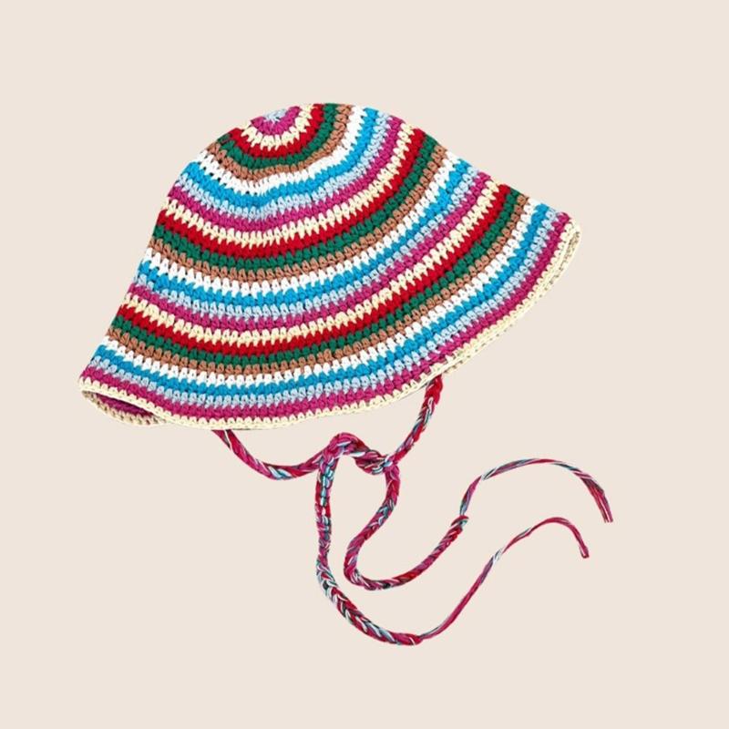 Summer Fisherman Hat for Woman Weaving Bucket Hat Crochet Stripe Pattern Cap