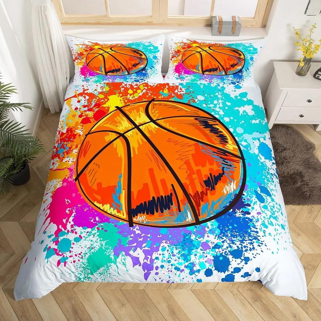 Aquarell Cartoon Basketball Druck Bettwäsche-Set, Bettbezug für Kinder Teenager Jungen, Sport Steppdeckenbezug mit 2 Kissenbezügen, Doppelbettgröße