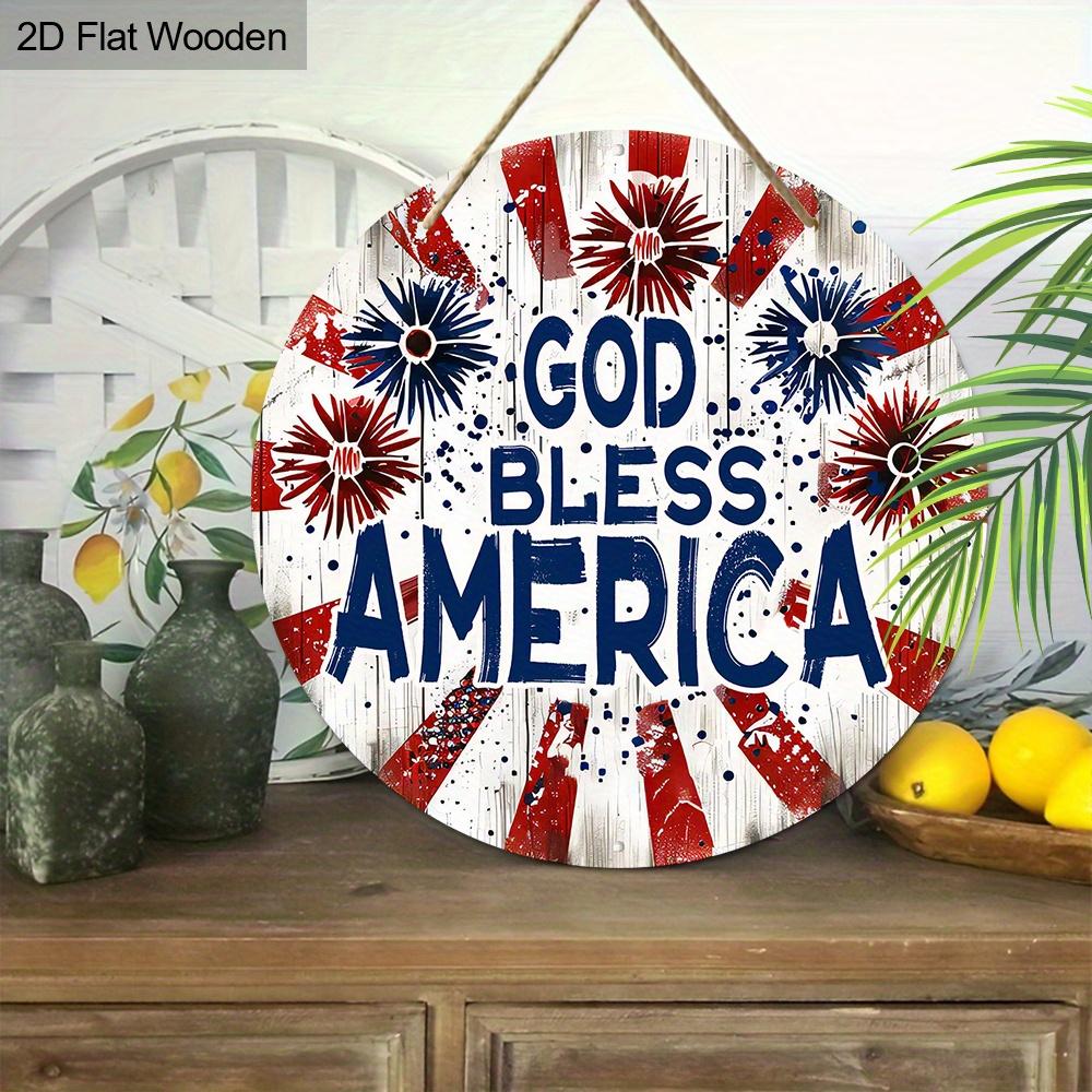 God Bless America Fireworks Wooden Sign, Patriotic 4th of July Front Door Decor, Rustic American Flag Wall Hanging
