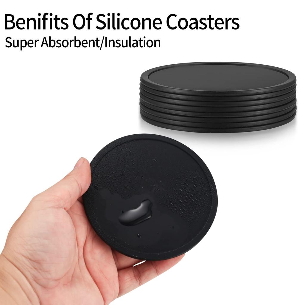 8pcs Black Silicone Drink Coasters - Non-Slip for Glasses, Cups & Tables
