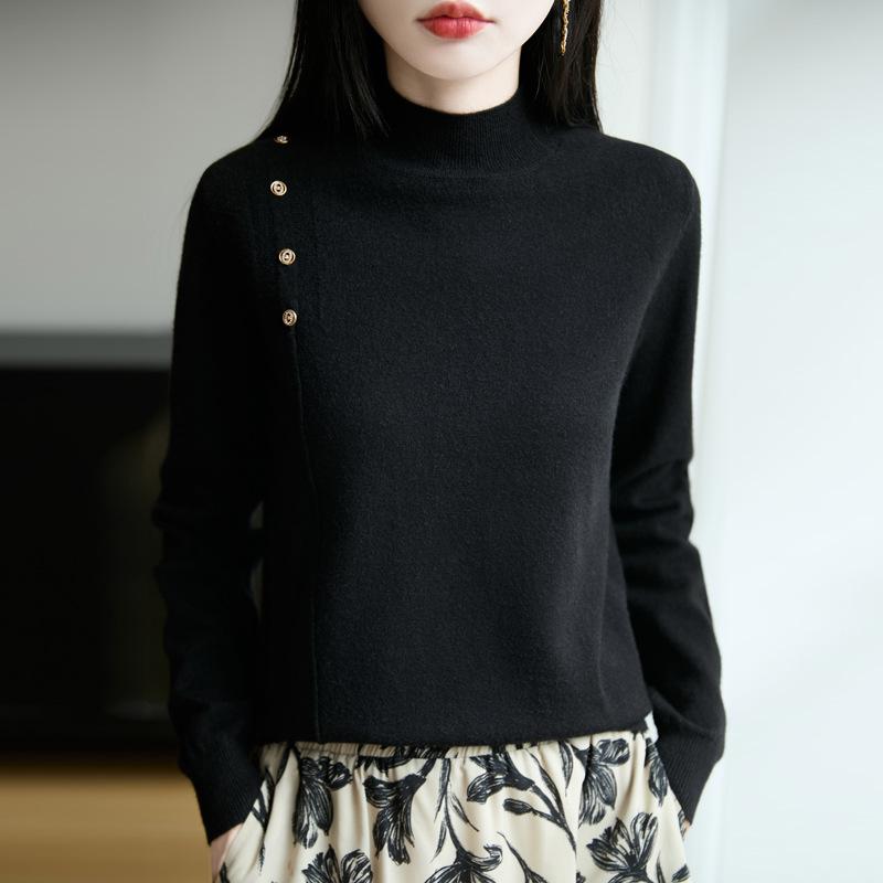 Women's Mock Neck Knit Sweater Button Decor Long Sleeve Solid Color Base Layer Top