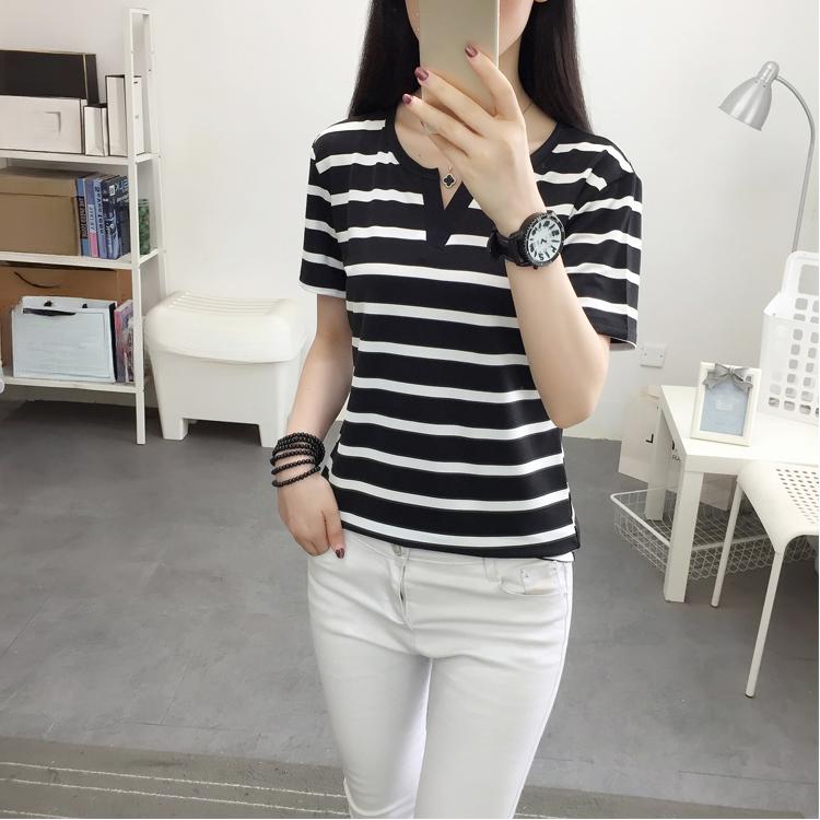 Harajuku Women Summer White T-shirt Girl Casual Slim Stripe Short Sleeve V Neck All-match T Shirts Y2k Tops For Female Clothing