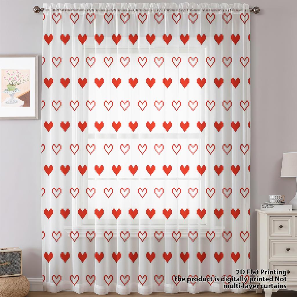 Red Heart Plaid Window Curtain Vintage Cool Romantic Decorative Festive Atmosphere Pole Insertion Window Treatment