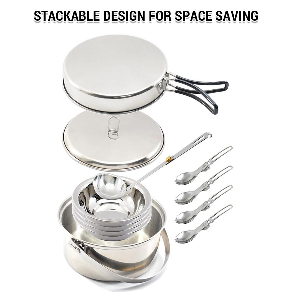 Camping Cookware Mess Kit for 4 Persons Stainless Steel Cooking Set with Pot Pan Soup Spoon Bowls