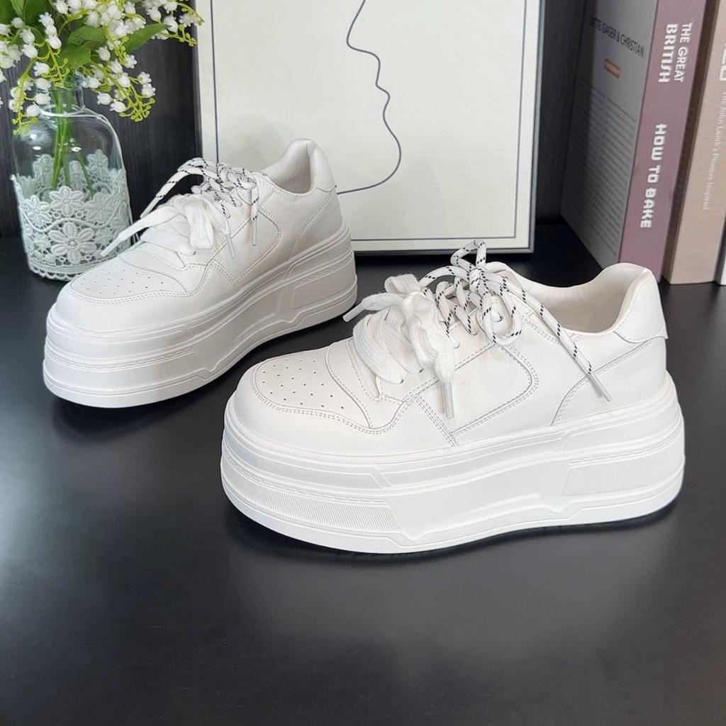 New Platform White Shoes Women's Versatile Round Head Small 7cm Height Increase Breathable Casual Sports Board Shoes