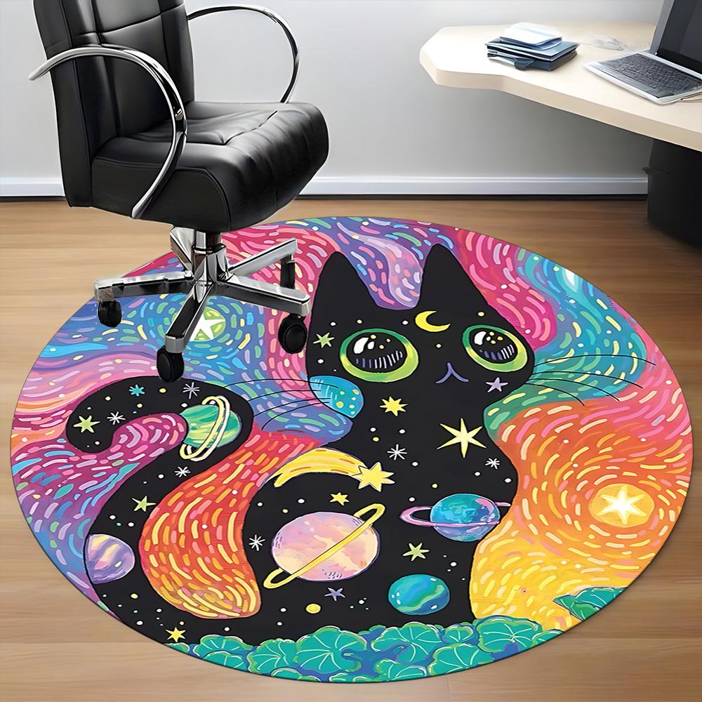 1PC Galaxy Cat Office Round Area Rug, Mat Suitable ForOffice, Under Office Chairs Bedroom Living Room Home Decor, Room Deco