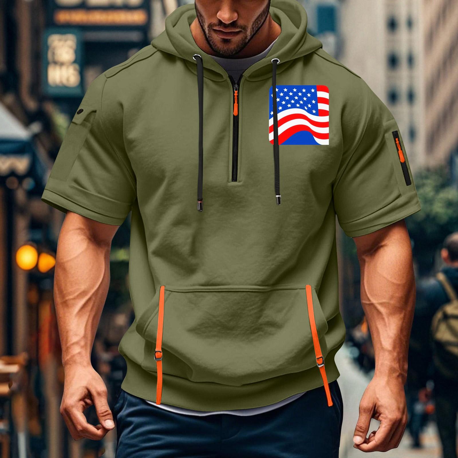 Men s Summer Shirt Print Zipper Pocket Short Sleeve Hooded Sweatshirt Men s Sports Large Size Casual Sweatshirt L