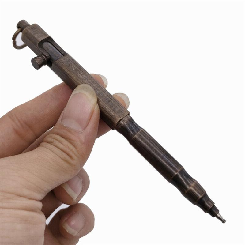 Tragbarer Bolt-Action-Stift aus massivem Messing mit Ring, quadratische Form, Retro-Stil, Taschen-Business-Signatur
