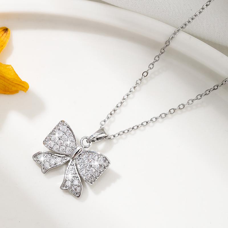 Hong Kong Style Elegant Bow Knot Necklace with Micro-Inlaid Zircon and Diamonds for Women