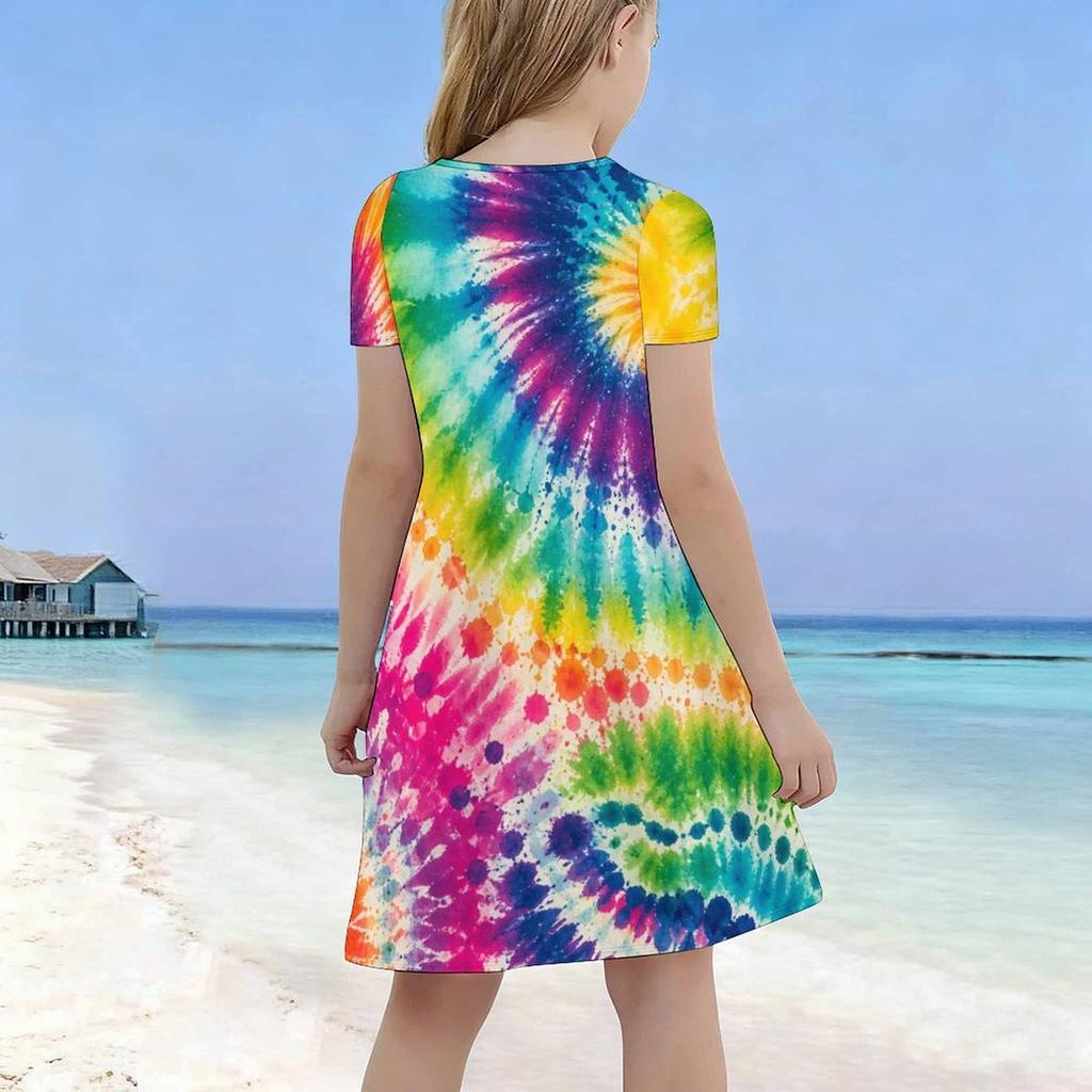Girls Black Round Neck Short Sleeve Galaxy Space Printed A Line Flared Dress