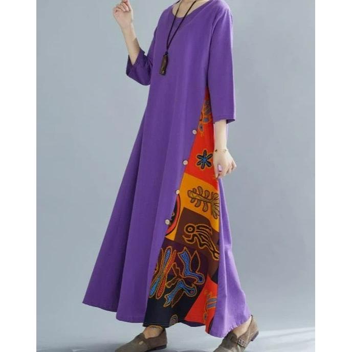 Autumn Retro Floral Round Neck Contrast Color Button Stitching Three-quarter Sleeves