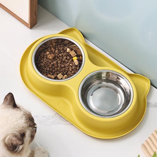 Yousheng Double Bowls Pet Feeder, Slow Feeder Bowl And Stainless Steel Bowl, Spill-Proof Anti-Slip Water And Food Bowl Set for Indoor Cats Dogs