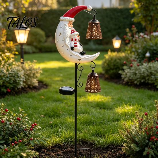 Weather Resistant Garden Path Lights Christmas Solar Stake Light, 3D Resin Santa Snowman Statue Yard Lawn Decor Crescent Moon LED Pathway Light