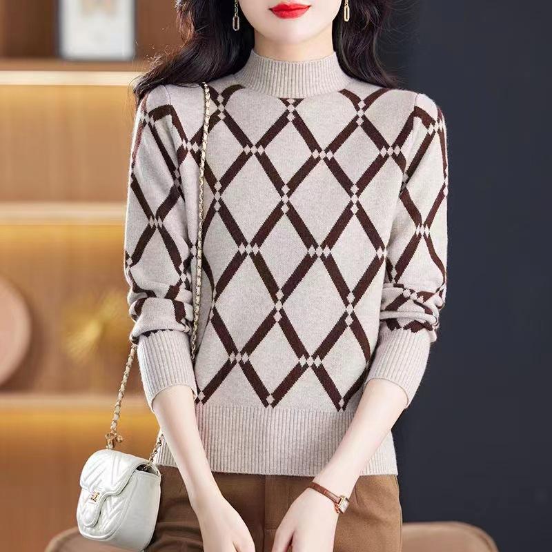 Half High Neck Sweater Women's Autumn and Winter Fashion Diamond Knit Sweater Top with Pullover Short Base Shirt