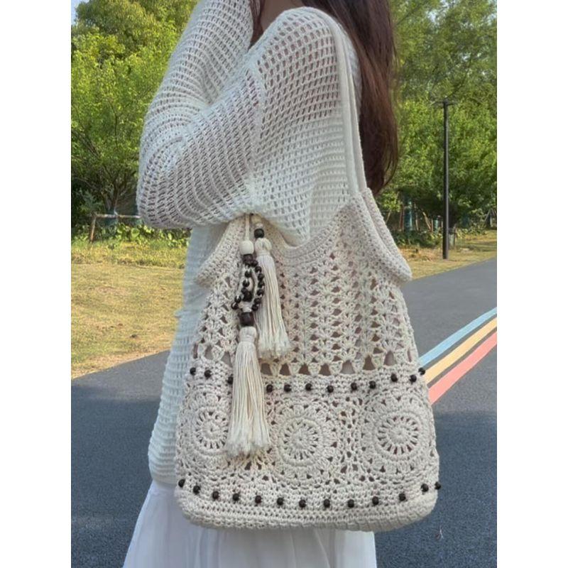

Mori look Хлопковая нить Ручная работа Плетеная сумка Кисточка Ажурная сумка 2025 Новая Летняя Дорожная сумка Нишевая Соломенная сумка Creamy-white + Hanging Ornaments
