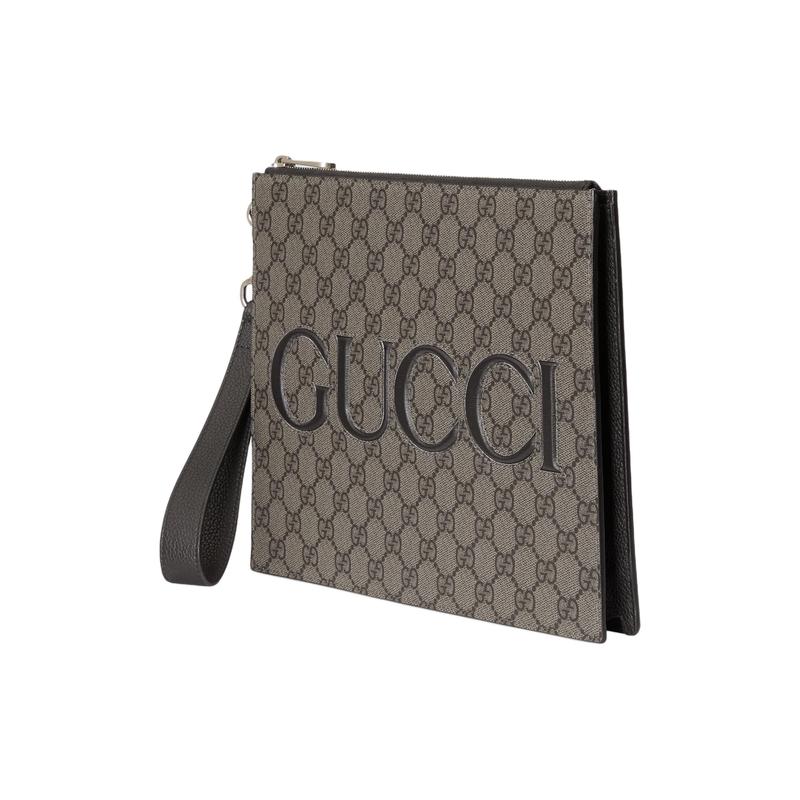 Gucci Brand Logo Zipper Closure Supreme Canvas Canvas Bag Clutch Men's Gray and Black