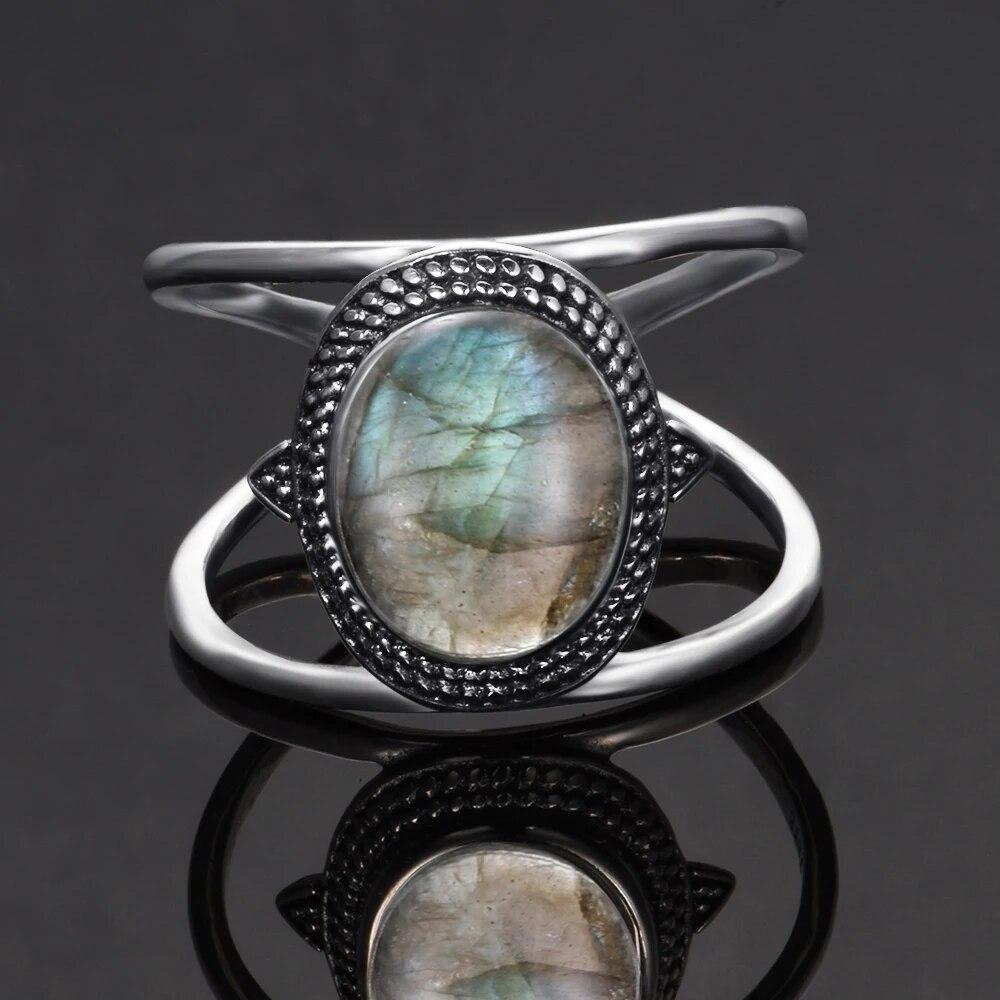 Ring for Women Oval Round Natural Labradorite Ring Gift Sun Shaped Retro Luxury Fashion Jewelry