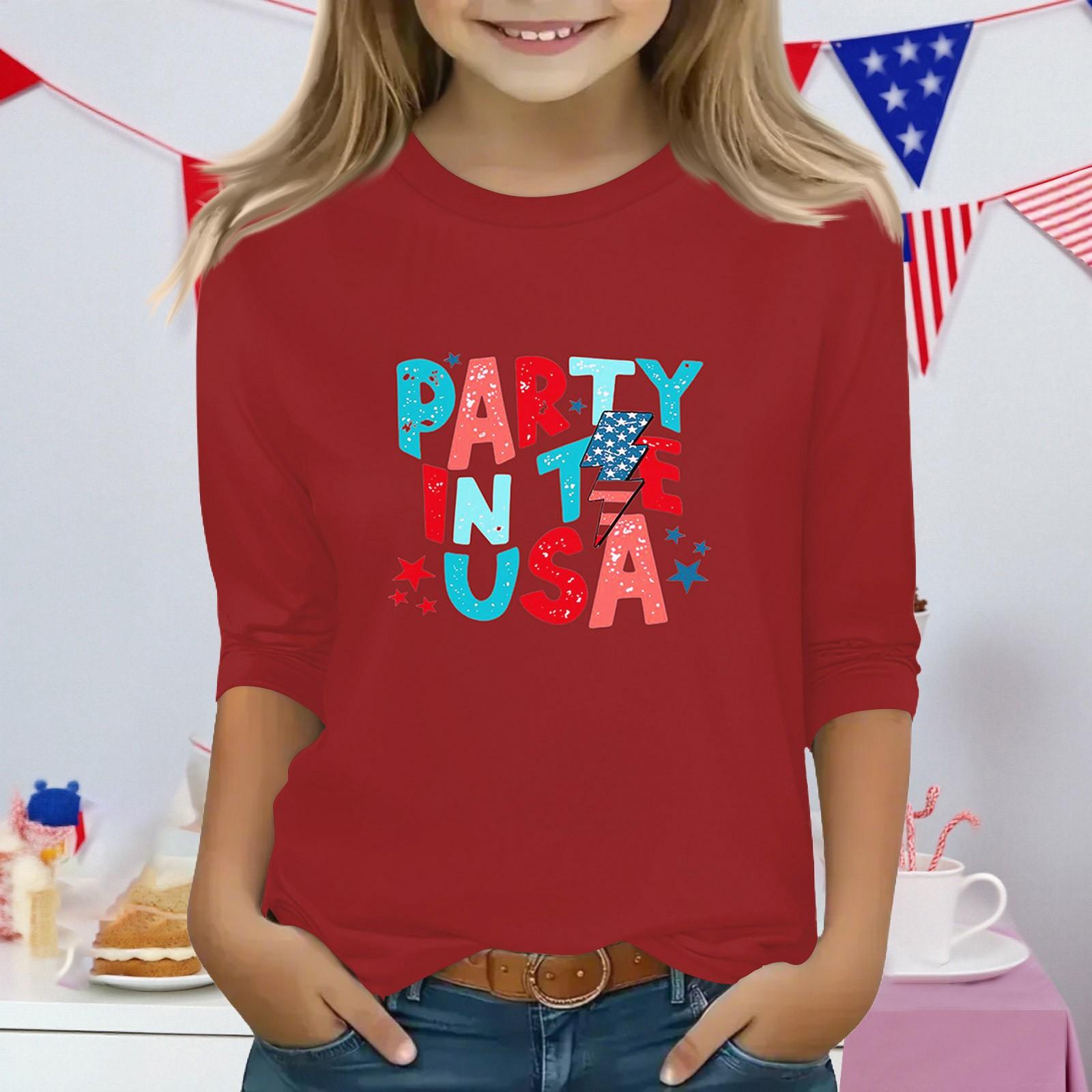 

Топы с принтом для девочек 3-10 лет с круглым вырезом и рукавами 3/4 Футболки Модные топы Наряды Футболки 140