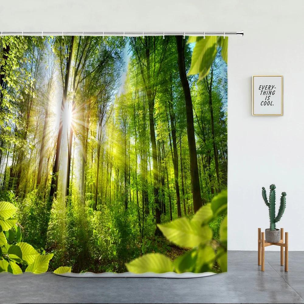 Tropischer Regenwald Landschaft Duschvorhänge Wald Wasserfall Schöne Naturszenerie Luxuriöse Badezimmer Dekoration Bildschirm Mit Haken