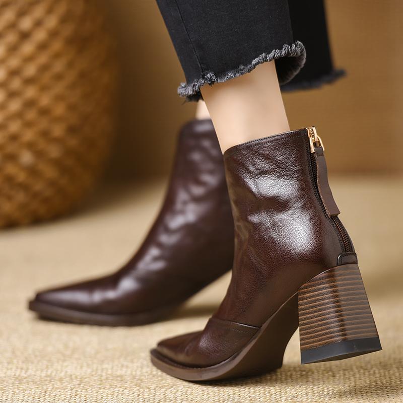 Fashion Vintage Thick Heel Women Ankle Boots Fashion Back Zippers Shoes Ladies Elegant Square Toe Short Booties