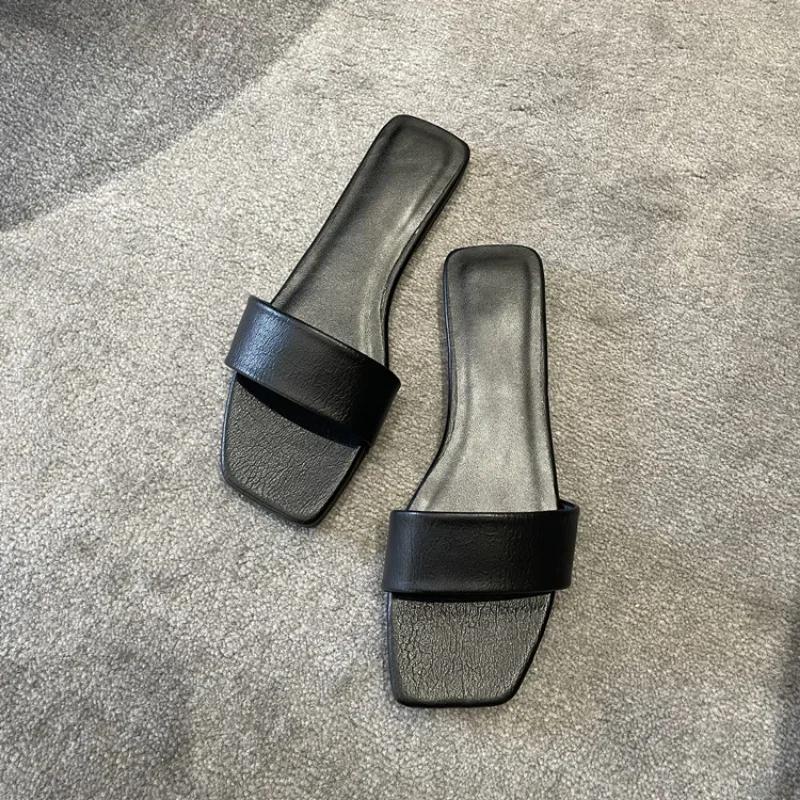 Ladies New Black White Flat Slippers Women Genuine Leather Peep Toe One Strap Mules Shoes Woman Summer Slides Comfort Clogs